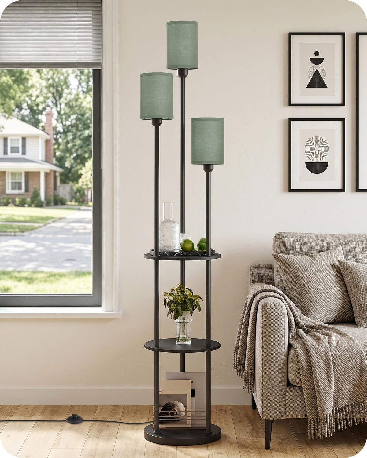 70.9" Floor Lamp with Shelves, Modern Floor Lamp with 3 Linen Shades and Foot Switch, 3-Light Standing Lamp, for Living Room, Bedroom, Study, Office, Rustic Brown and Beige EF53LD05