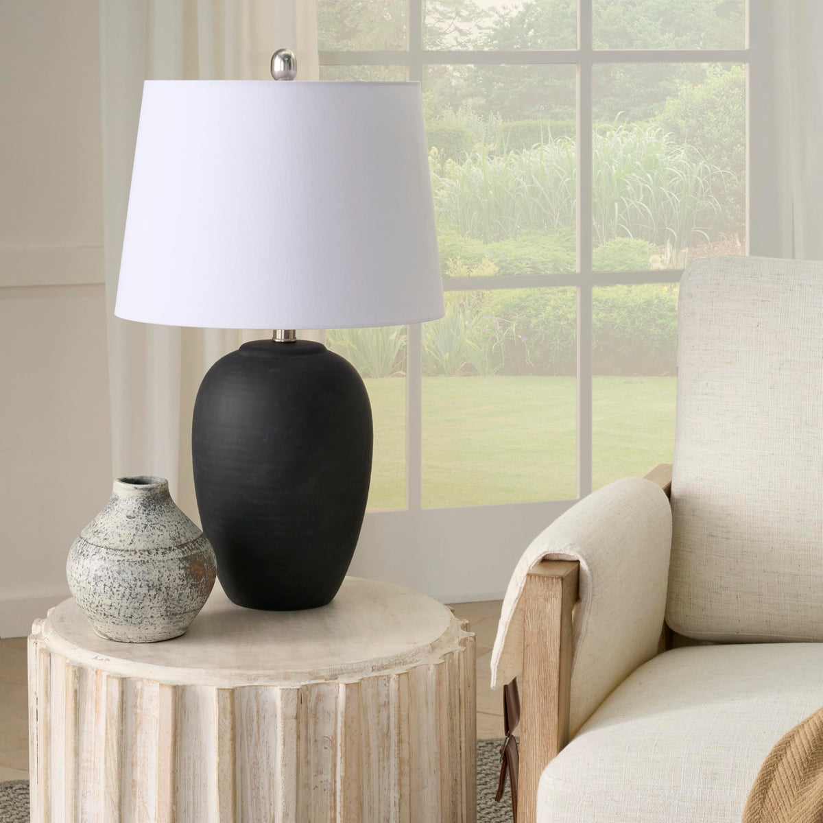 Nourison Home 23" Natural White Ceramic Jar Table Lamp for Bedroom, Living Room, Dining Office, with Off-White Shade