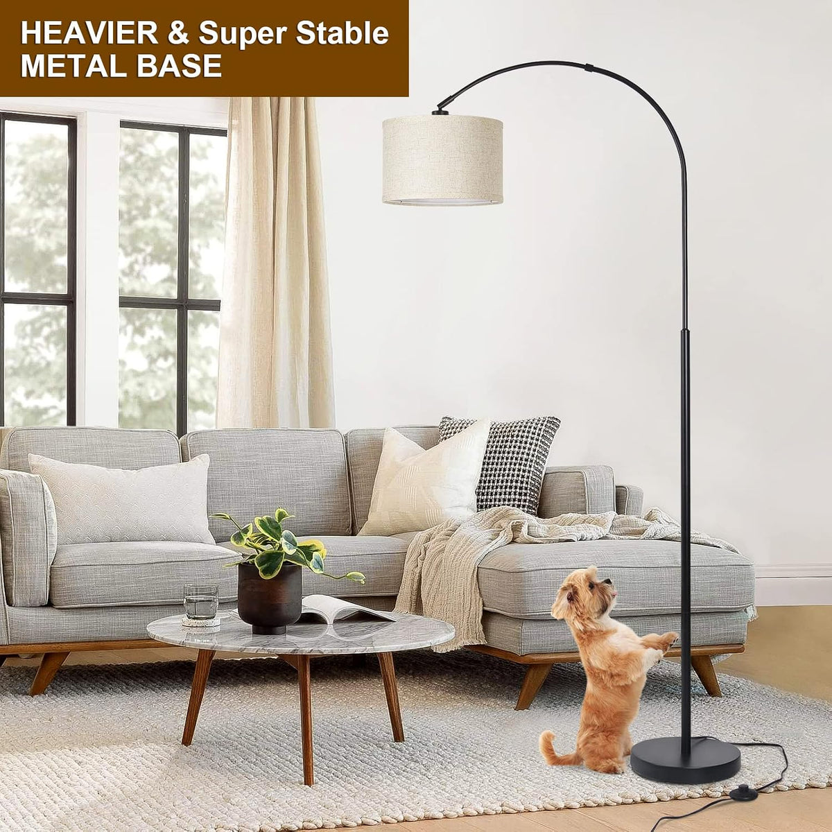 Seaside village Arc Floor Lamps for Living Room, Modern Standing Lamp with Adjustable Hanging Drum Shade, Tall Pole Lamp with Foot Switch, Over Couch Arched Reading Light for Bedroom, Office (Black)