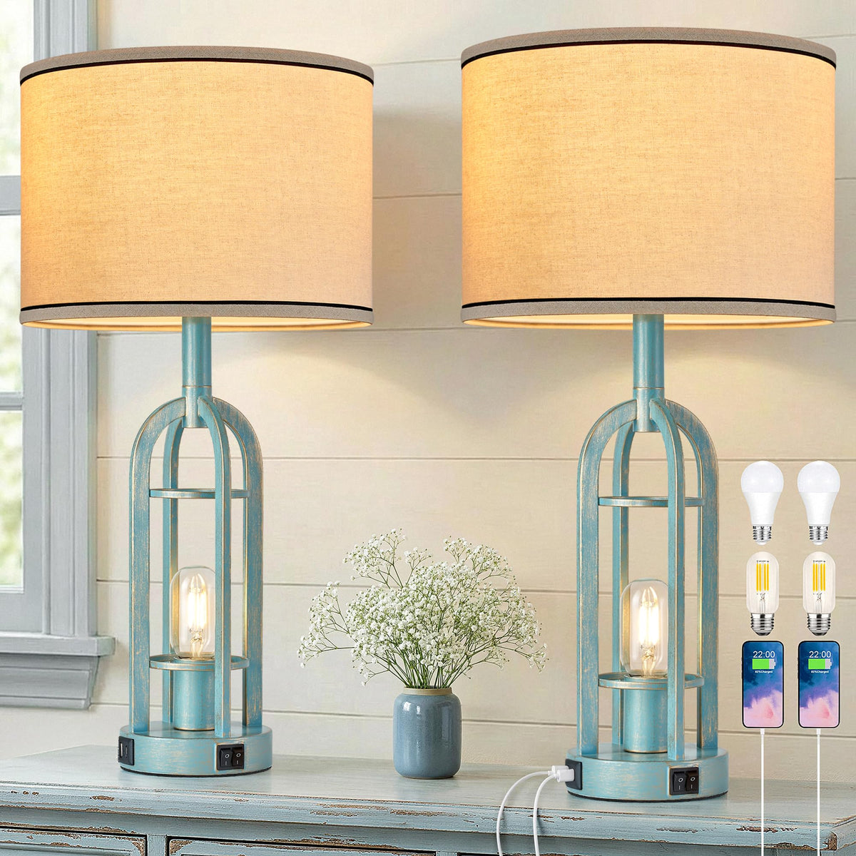 SRJJA 24" Farmhouse Table Lamps for Living Room Bedroom Set of 2, USB A+C