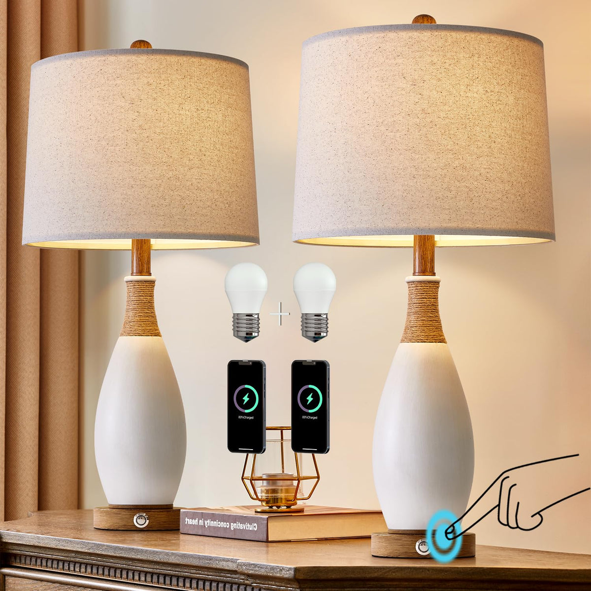 OYEARS 19” Boho Table Lamps Bedroom Living Room,Suitable for Small Space,Farmhouse Rattan Lamp Rustic Egg Design Resin Nightstand Bedside Lamps for Bedroom Living Room Office Study Rest Decor