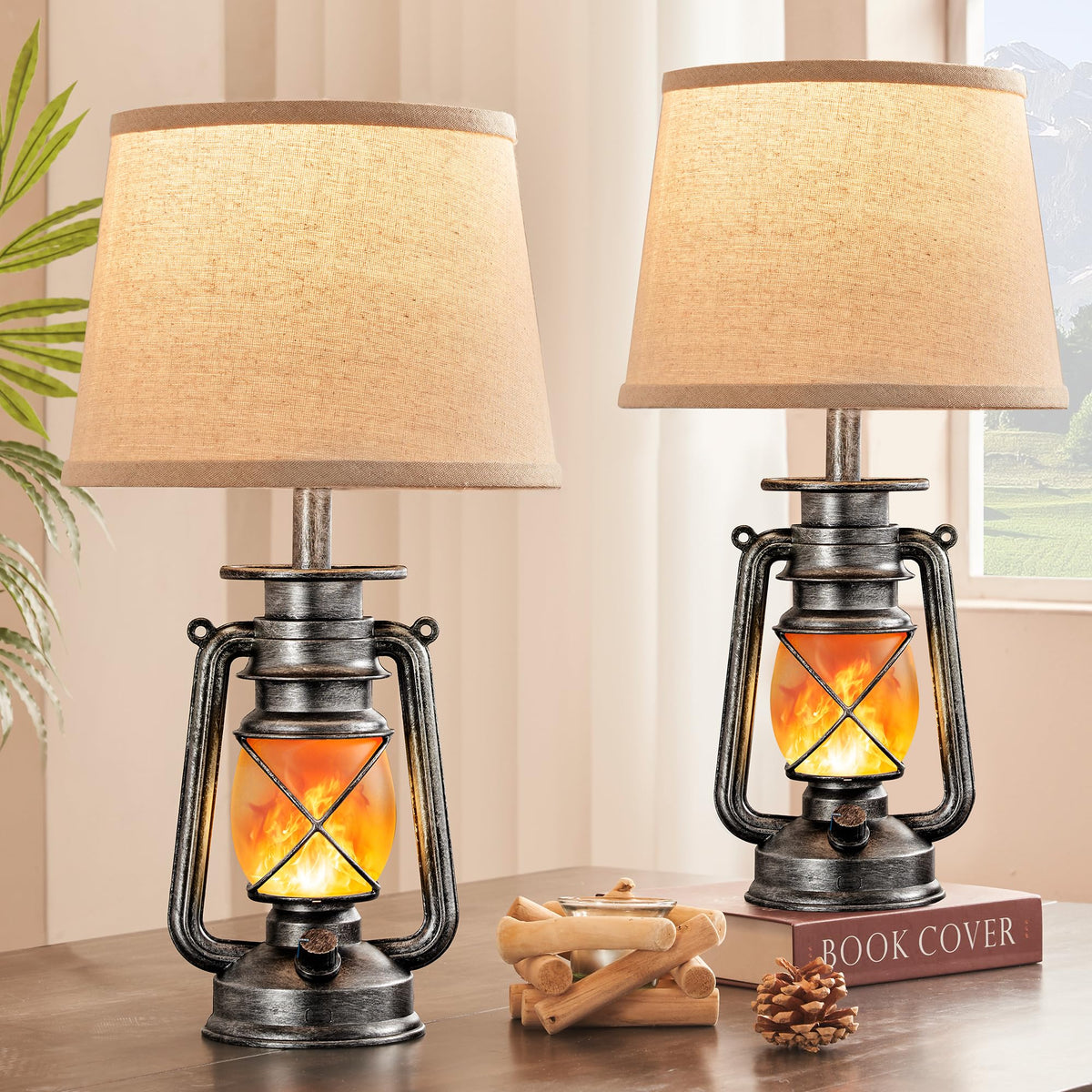 LEDIARY 18.72" LED Vintage Lantern Flickering Flame Table Lamps Set of 2