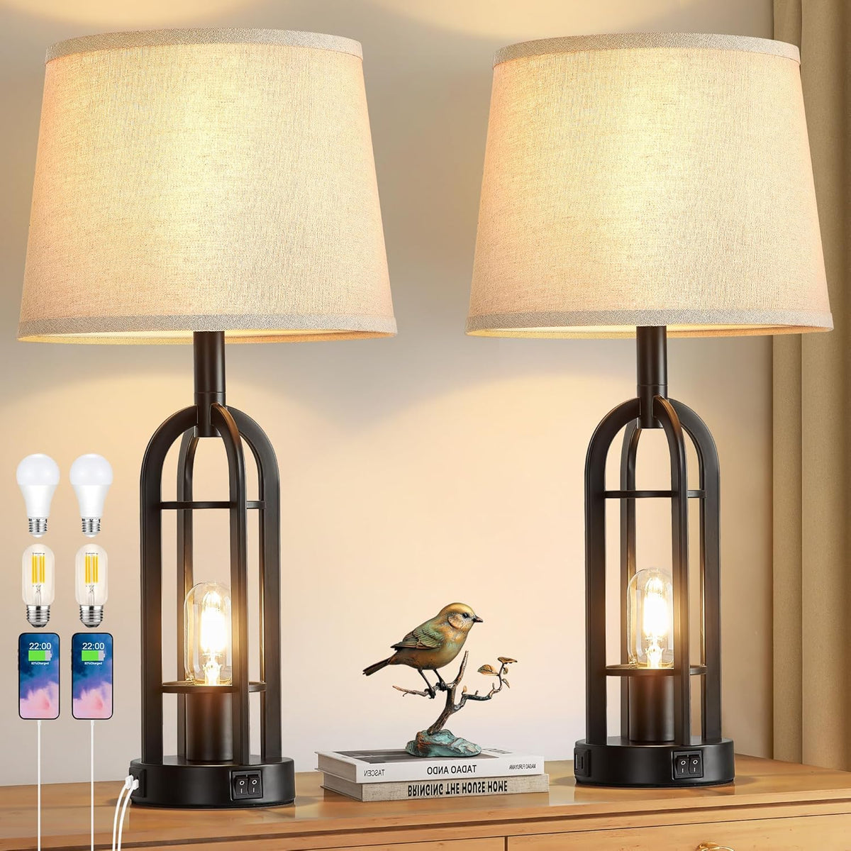 SRJJA 24" Farmhouse Table Lamps for Living Room Bedroom Set of 2, USB A+C