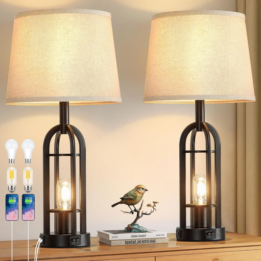 SRJJA 24" Farmhouse Table Lamps for Living Room Bedroom Set of 2, USB A+C