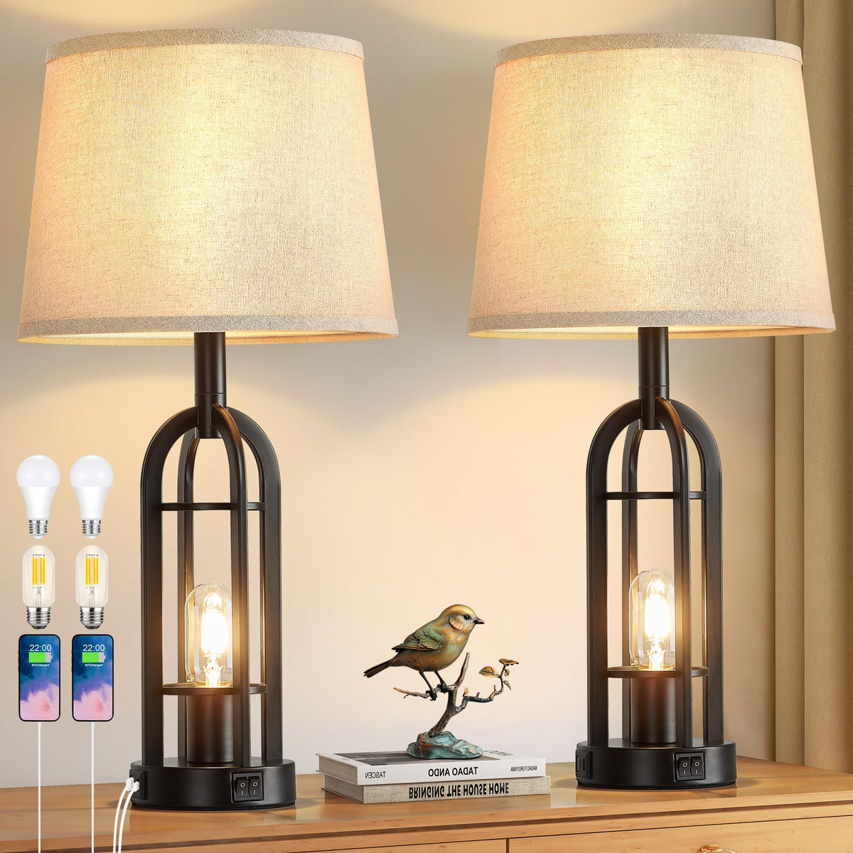 SRJJA 24" Farmhouse Table Lamps for Living Room Bedroom Set of 2, USB A+C