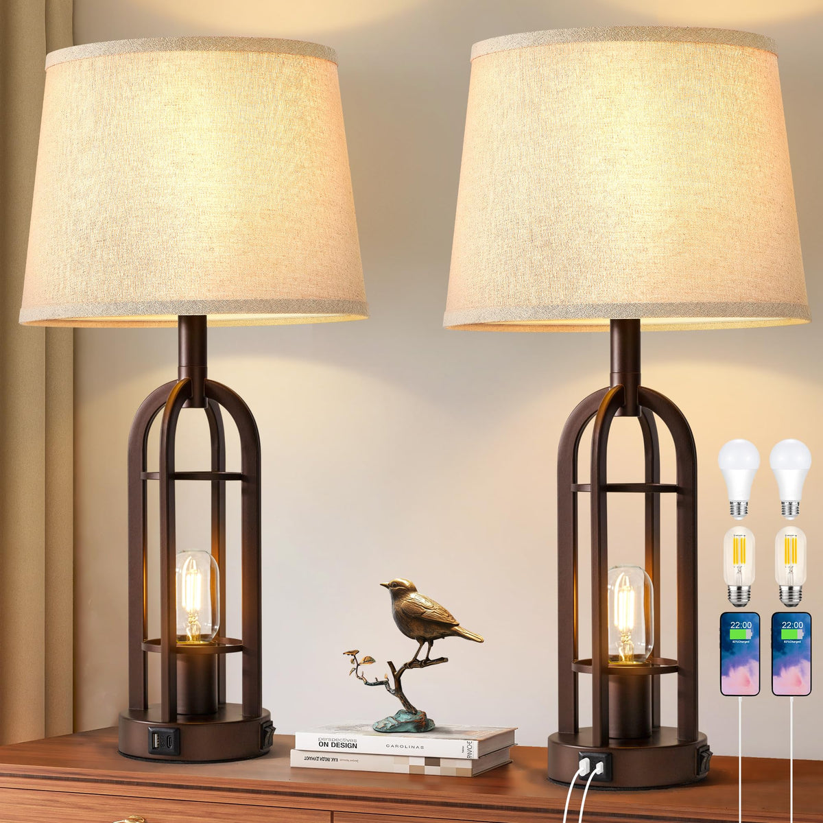 SRJJA 24" Farmhouse Table Lamps for Living Room Bedroom Set of 2, USB A+C