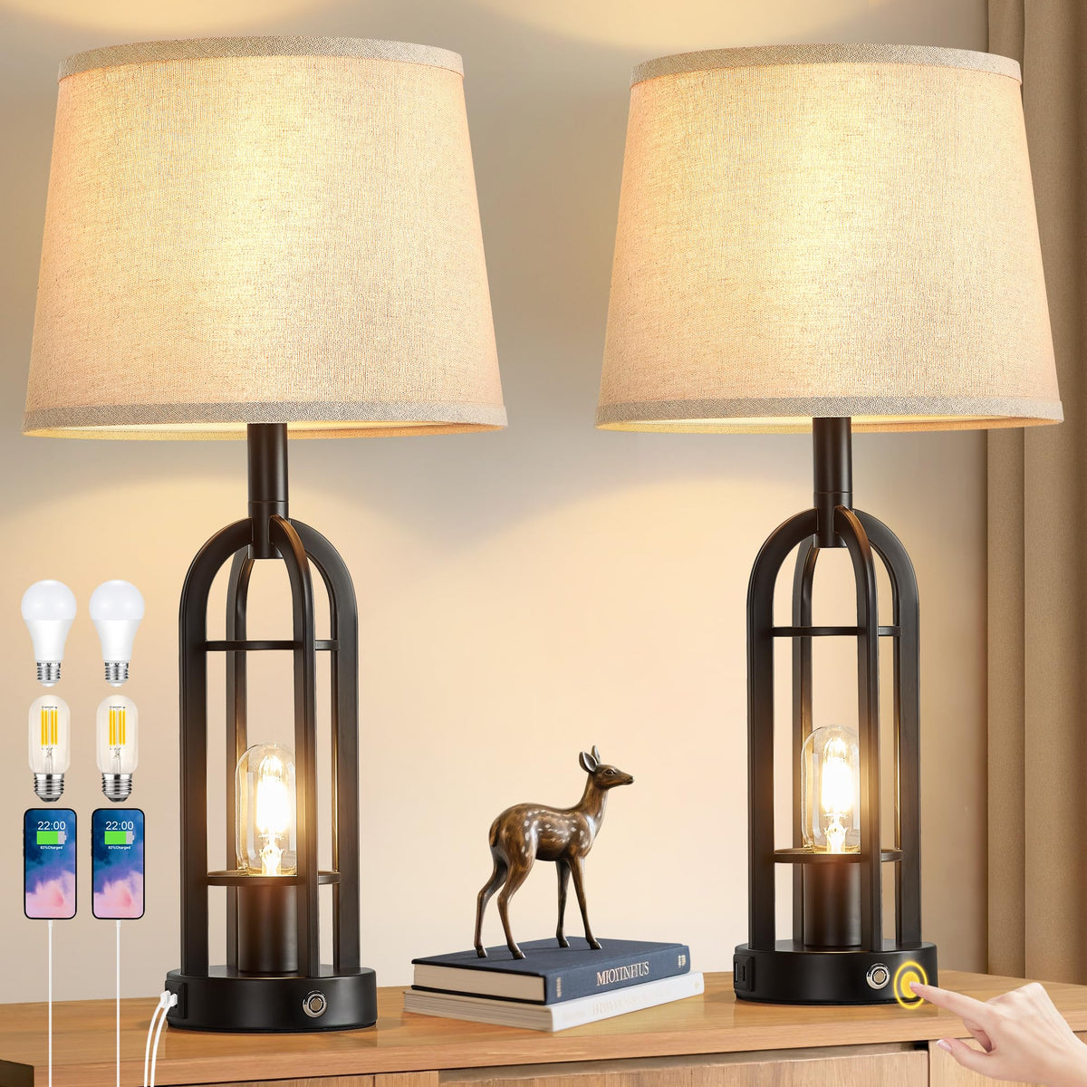 SRJJA 24" Farmhouse Table Lamps for Living Room Bedroom Set of 2, USB A+C