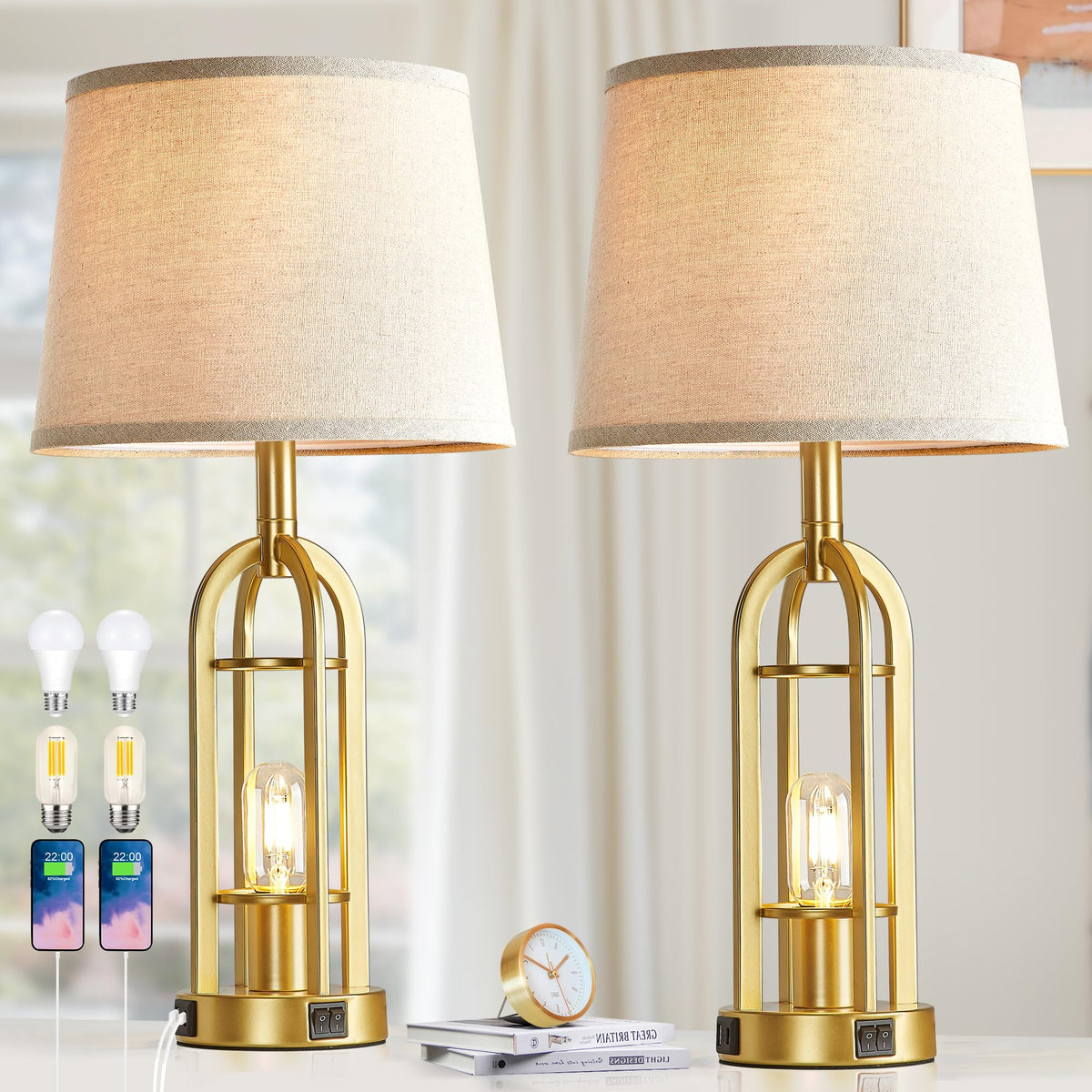 SRJJA 24" Farmhouse Table Lamps for Living Room Bedroom Set of 2, USB A+C