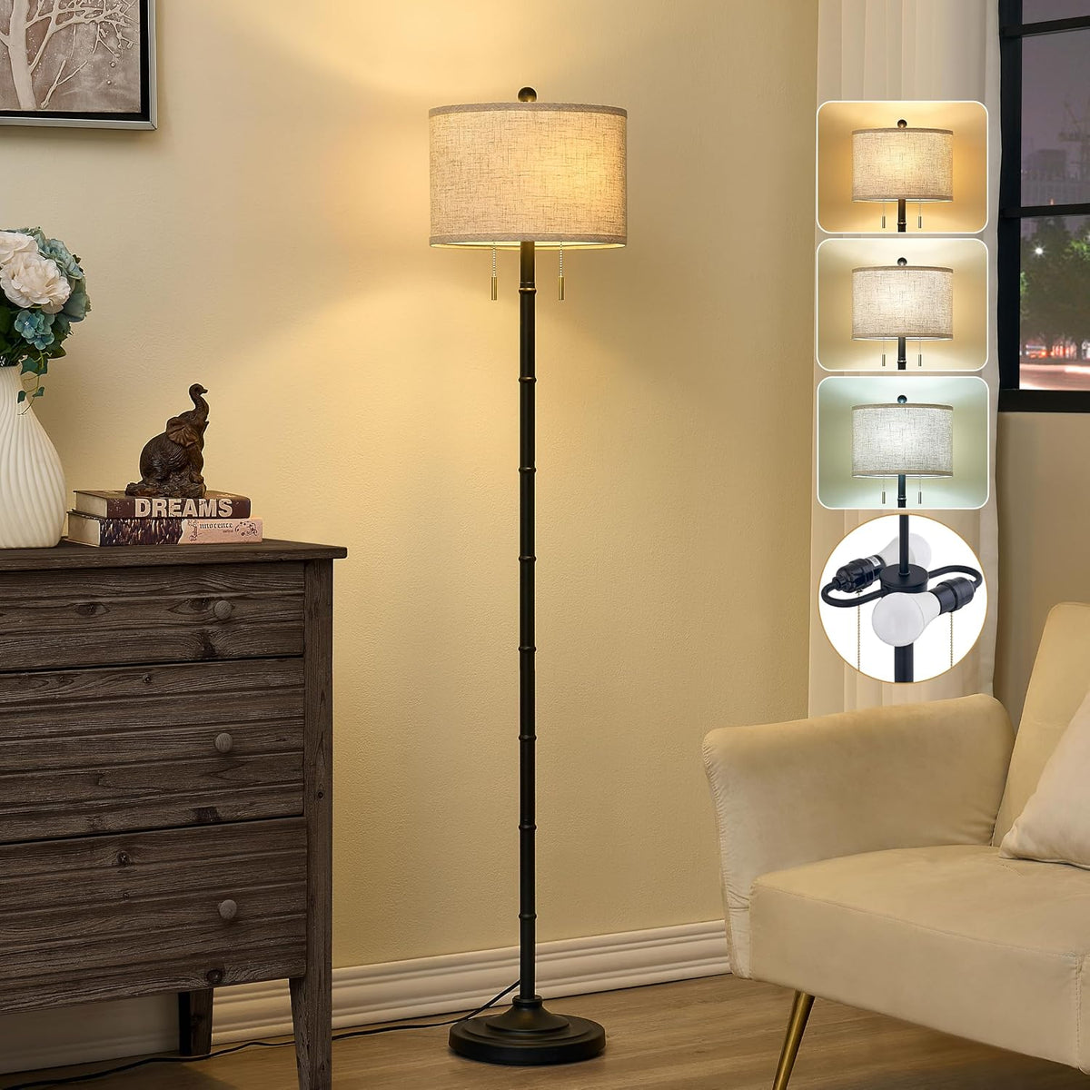 Upgraded 2-Light Mid Century Modern Black Floor Lamp for Living Room