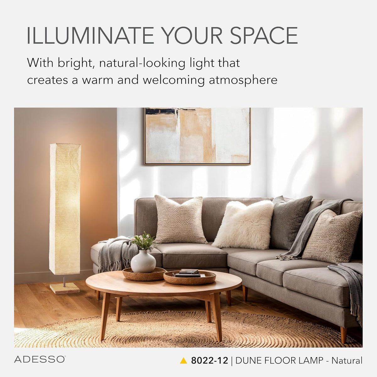 Adesso 3-Light Floor Lamp, Natural Wood & Beige, Adjustable, 58”