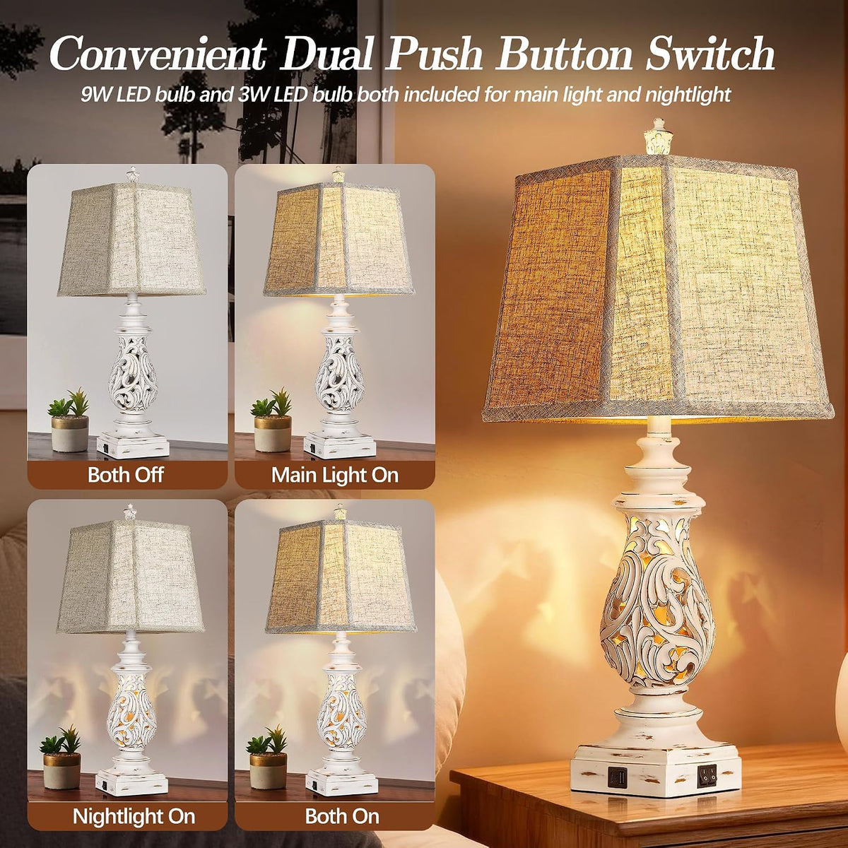 PARTPHONER 29" Table Lamps Set of 2, Bedside Lamps with USB A+C Ports & Night Light, Farmhouse Nightstand Lamps with Linen Fabric Shades for Bedroom Living Room, Antique White (LED Bulbs Included)