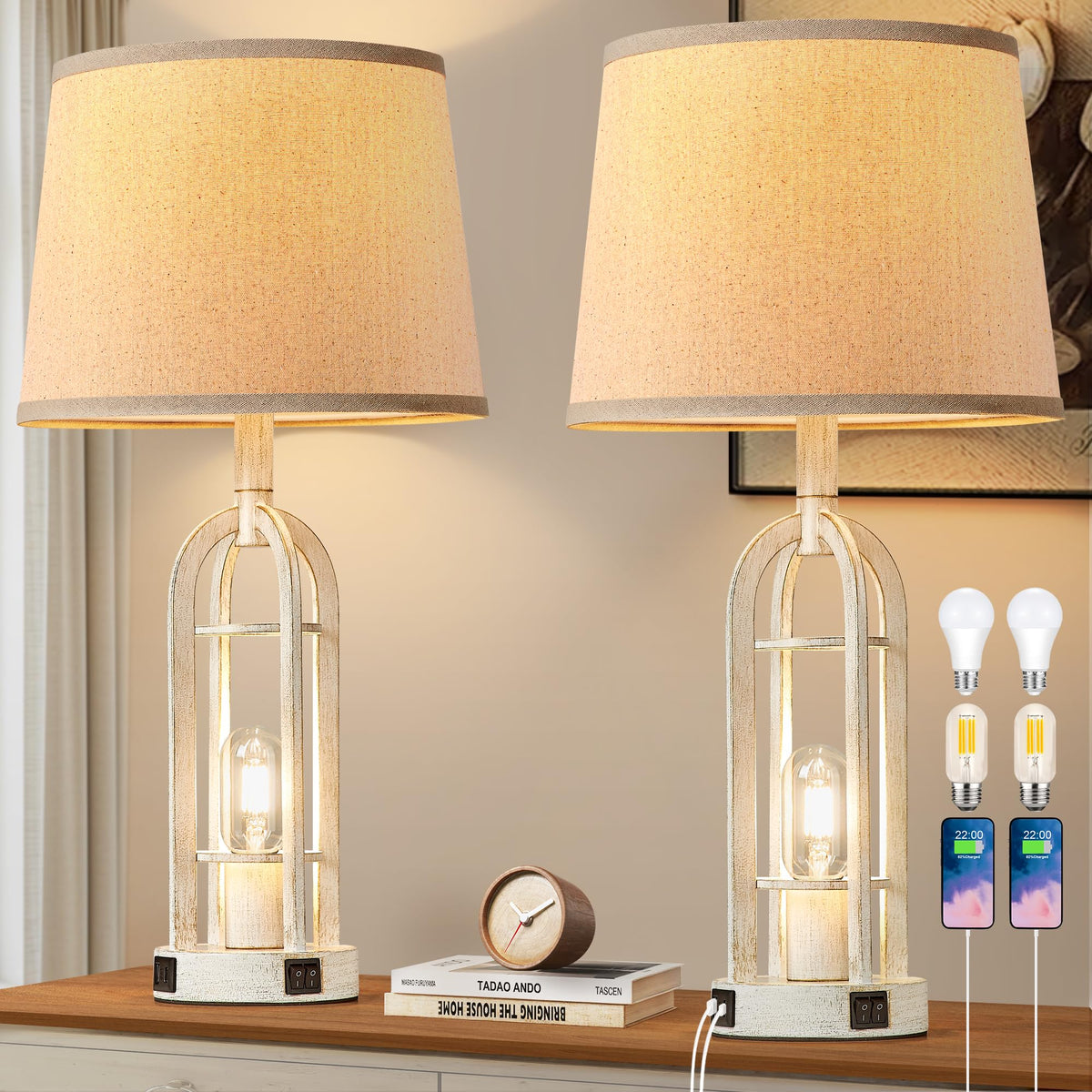 SRJJA 24" Farmhouse Table Lamps for Living Room Bedroom Set of 2, USB A+C