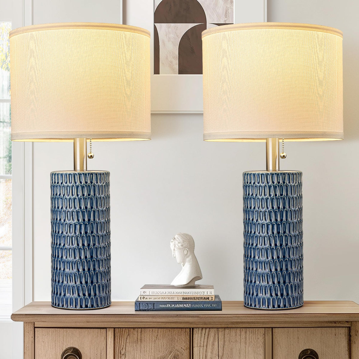 Reaketon 20.5”Modern Ceramic Table Lamps for Bedroom Set of 2, Dark Blue