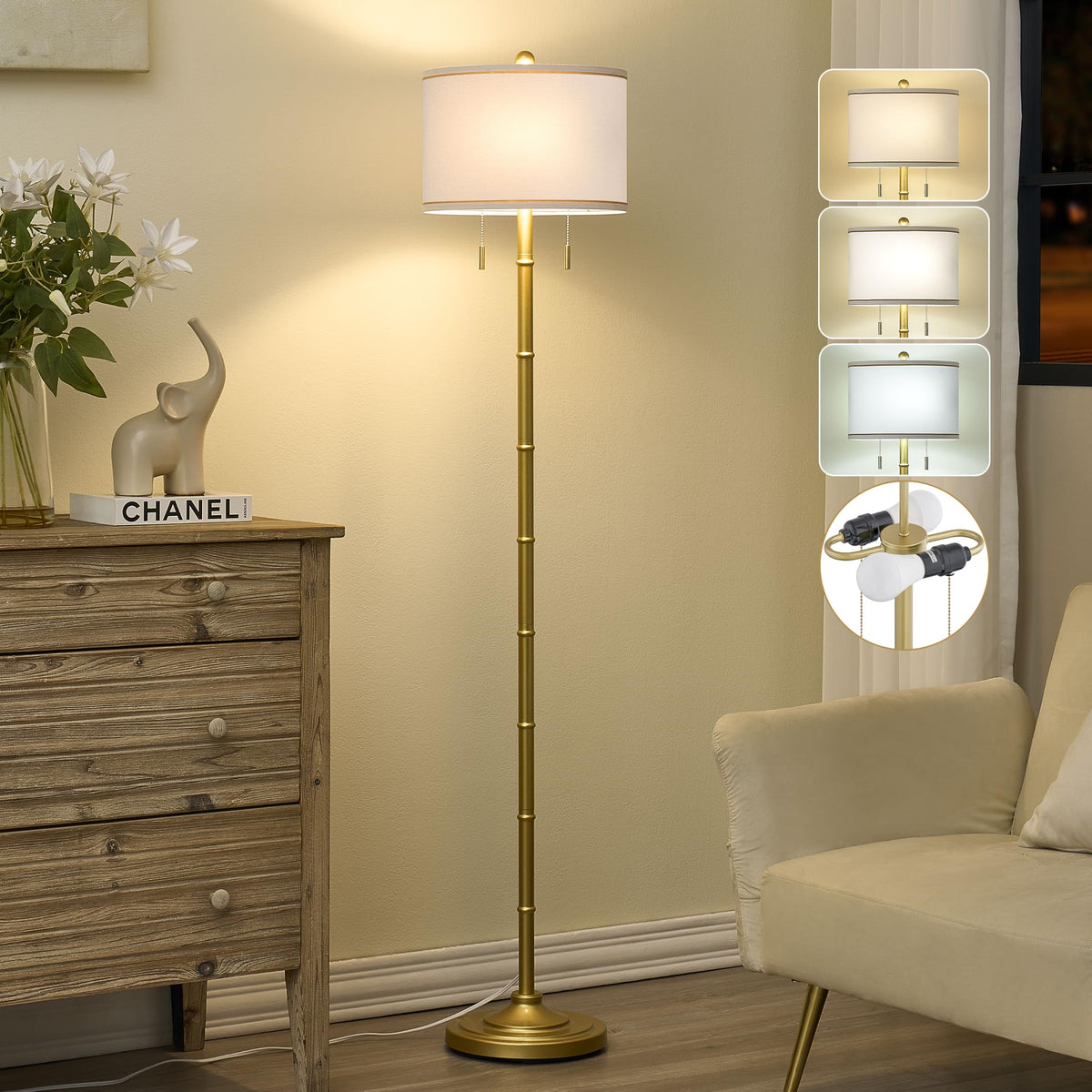 Upgraded 2-Light Mid Century Modern Black Floor Lamp for Living Room
