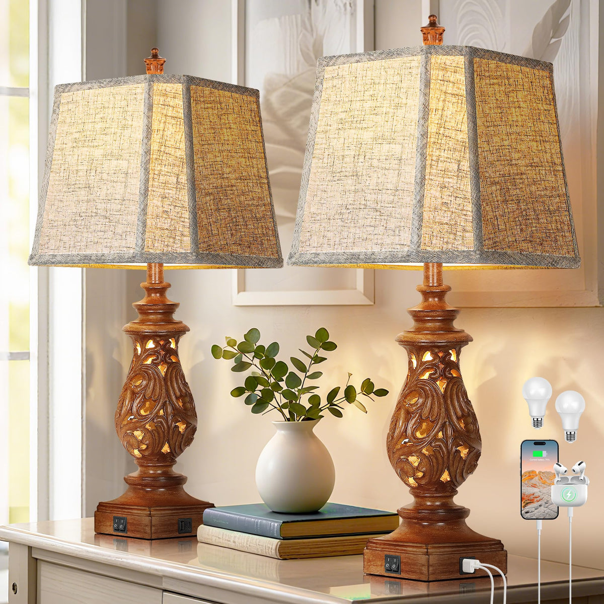 PARTPHONER 29" Table Lamps Set of 2, Bedside Lamps with USB A+C Ports & Night Light, Farmhouse Nightstand Lamps with Linen Fabric Shades for Bedroom Living Room, Antique White (LED Bulbs Included)