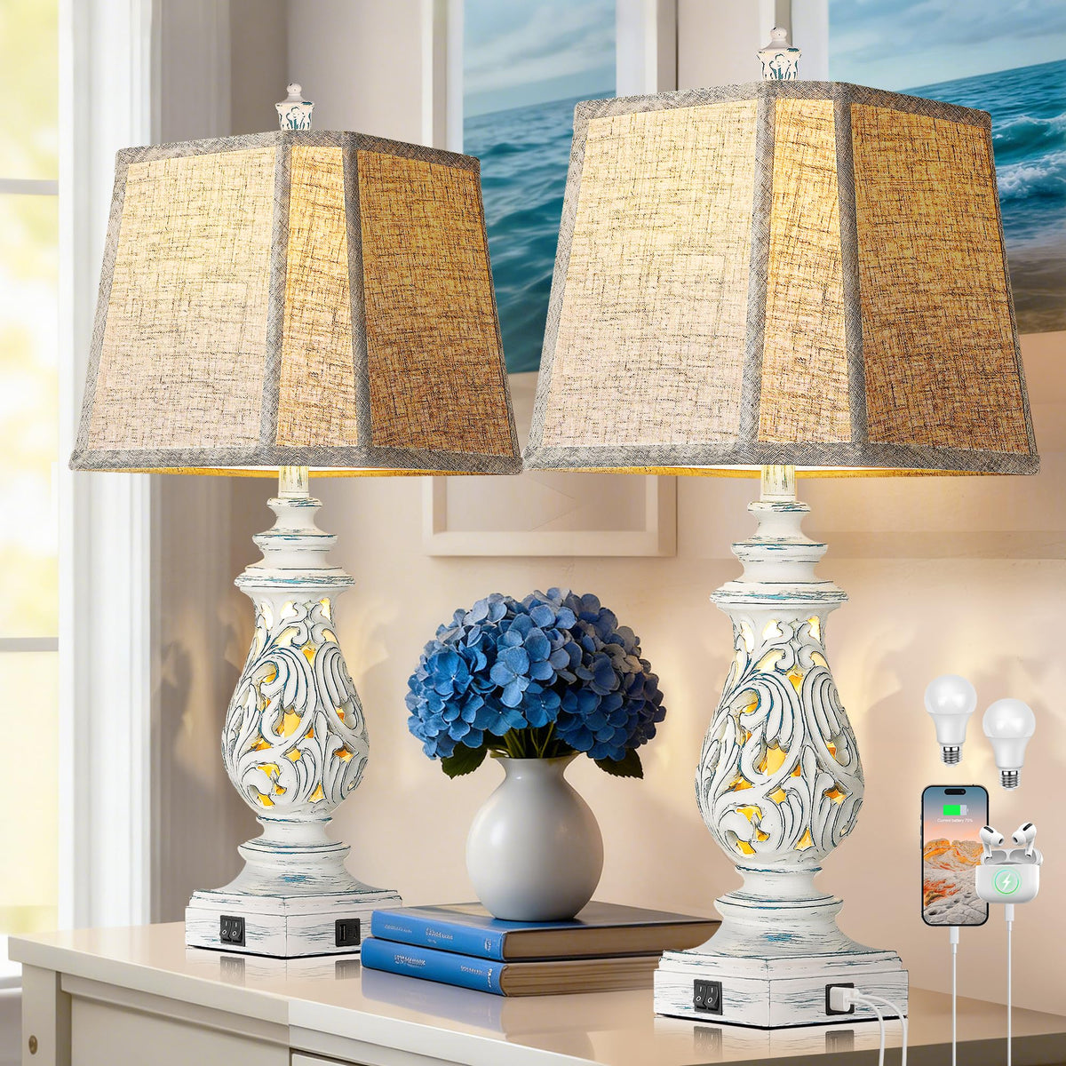 PARTPHONER 29" Table Lamps Set of 2, Bedside Lamps with USB A+C Ports & Night Light, Farmhouse Nightstand Lamps with Linen Fabric Shades for Bedroom Living Room, Antique White (LED Bulbs Included)