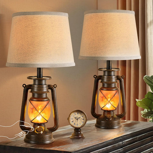 LEDIARY 18.72" LED Vintage Lantern Flickering Flame Table Lamps Set of 2