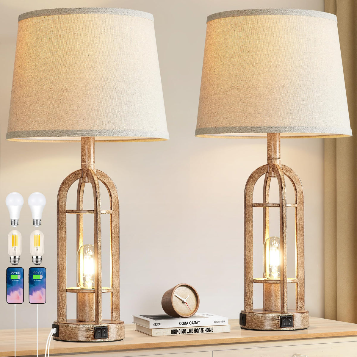 SRJJA 24" Farmhouse Table Lamps for Living Room Bedroom Set of 2, USB A+C
